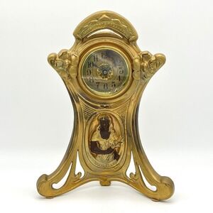 Antique Art Nouveau Gilt Figural Mantel Clock Maiden Ornate Gold Tone Pat 1906